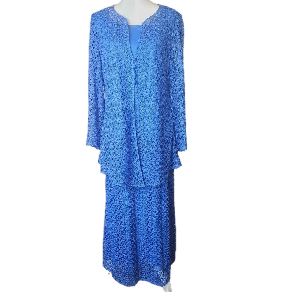 Divine Casuals DC 3pc Set Outfit Womens Medium Cobalt Blue Crochet Church Travel